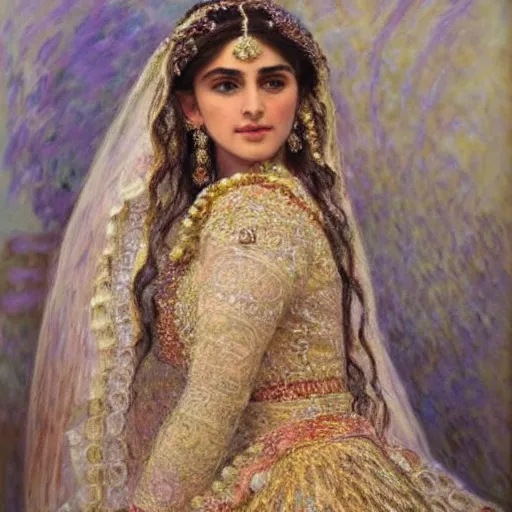 Image similar to full body portrait of a beautiful Kurdish bride wearing a beautiful wedding dress, very detailed eyes, hyperrealistic, beautiful and symmetrical face, very detailed painting by Claude Monet and Alphonse Mucha, ornate, trending on artstation, extremely high detail, incredibly intricate