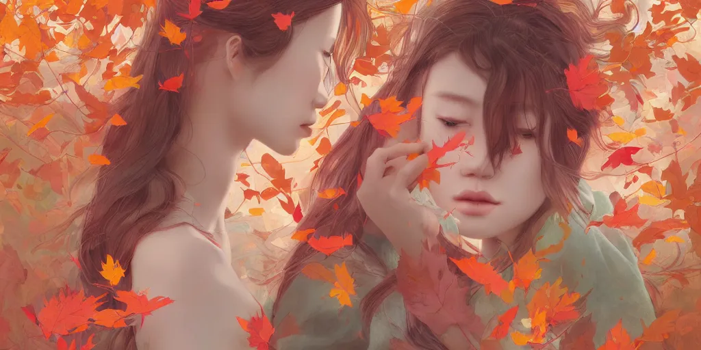 Image similar to breathtaking detailed concept art painting pattern blend of autumn leaves and girls, by hsiao - ron cheng, bizarre compositions, exquisite detail, pastel colors, 8 k