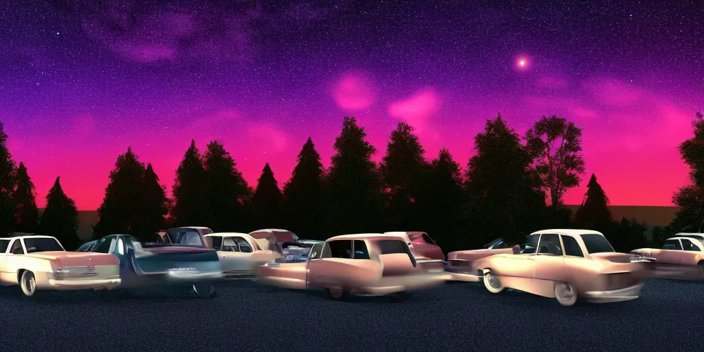 Image similar to a drive in movie theater with row of parked cars, detailed, volumetric lighting, starry night, dusk