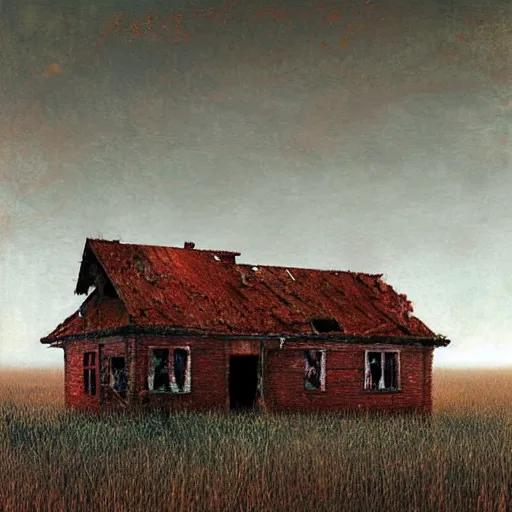 Image similar to an abandoned old rusty American house on a field in style of Zdislaw Beksinski