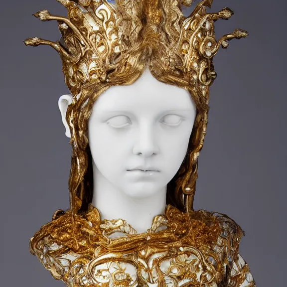 Prompt: a white art nouveau marble and gold head and torso sculpture of a worried young millie bobby brown with long, flowing hair, wearing intricate gold plate armor on her chest, delicate, intricate, smooth, beautiful, by charles van der stappen