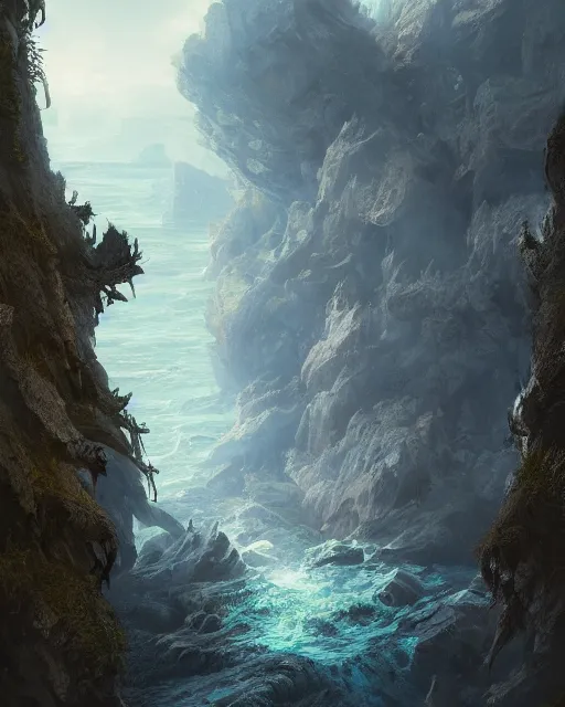 Image similar to cascade de surpris, blue sea, environment art, fantasy art, landscape art, in the style of greg rutkowski, illustration, epic, fantasy, intricate, hyper detailed, artstation, concept art, smooth, sharp focus, ray tracing