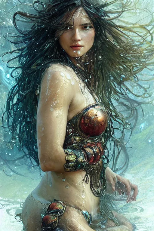 Image similar to portrait of a beautiful woman wearing a warrior armor, drenched body, wet dripping hair, emerging from the water, fantasy, regal, fractal crystal, fractal gems, by stanley artgerm lau, greg rutkowski, thomas kindkade, alphonse mucha, loish, norman rockwell.