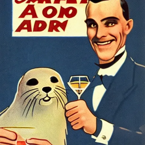 Image similar to a man holding a martini with an otter swimming in it while the otter gives a thumbs up in a 1 9 2 0 s advertisement poster