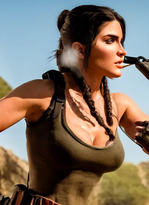 Prompt: a film still kyle jenner as lara croft as cowgirl, her face flushing and sweat, direct sun light, close up potrait, cinematic,