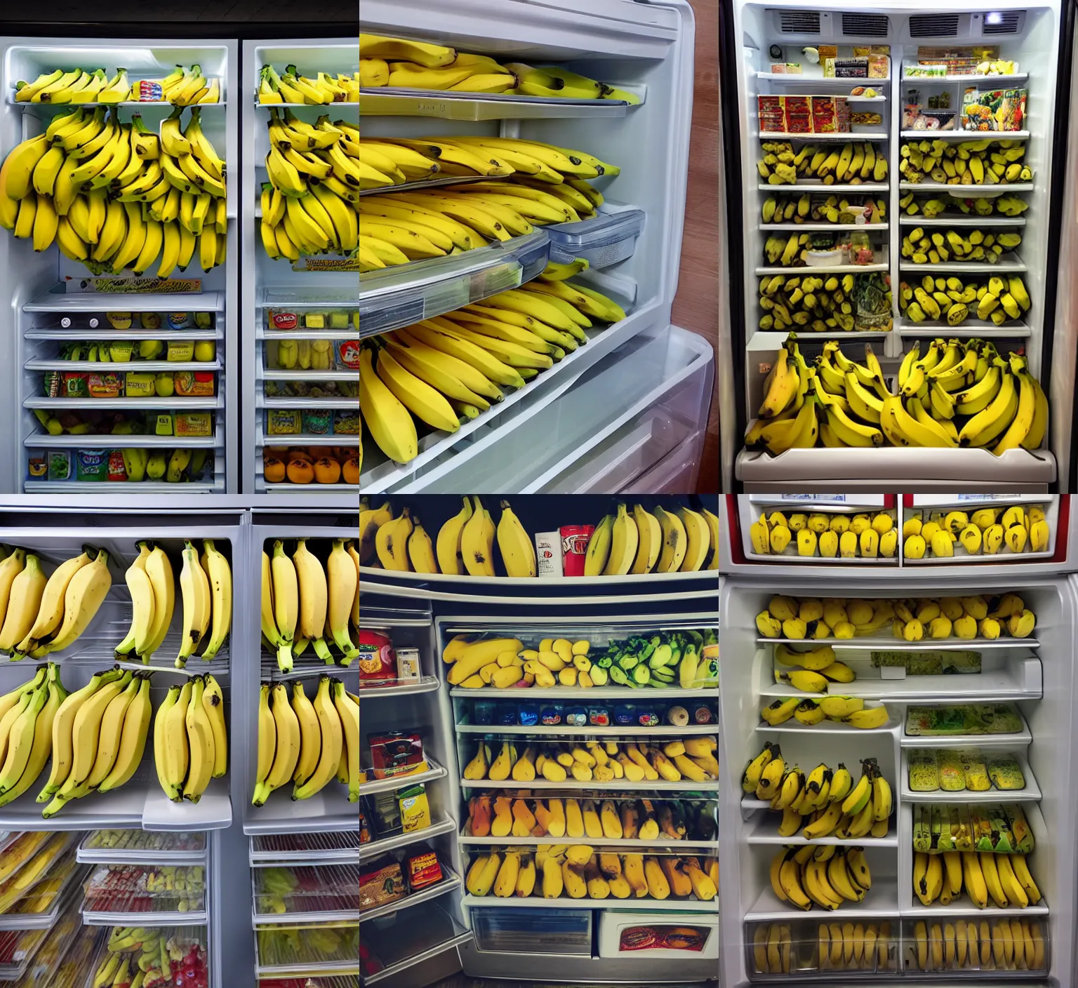 Prompt: a photo of a refrigerator filled with bananas, photo taken with an iPhone