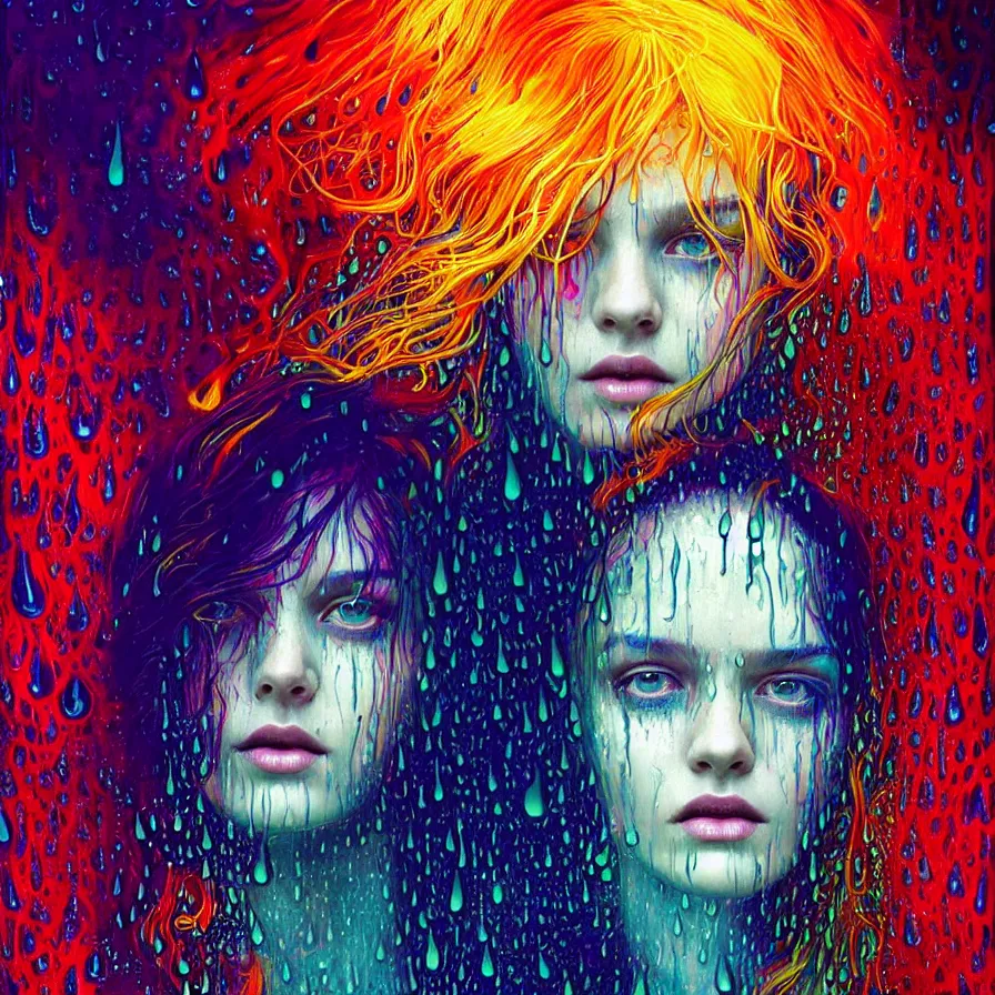 Image similar to bright asthetic portrait of LSD in rain with wet hair and face, liquid, fantasy, intricate, elegant, dramatic lighting, highly detailed, lifelike, photorealistic, digital painting, artstation, illustration, concept art, smooth, sharp focus, art by John Collier and Albert Aublet and Krenz Cushart and Artem Demura and Alphonse Mucha