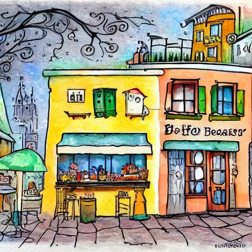 Image similar to beautiful cute cozy very little cafe on a cobblestone street, cute cartoon, low detail, white background, watercolor, 4 colors!!!