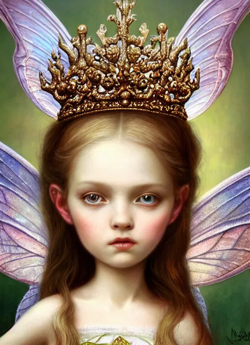 Image similar to highly detailed closeup portrait of a fairy princess wearing a crown and sitting on a throne, nicoletta ceccoli, mark ryden, lostfish, earl nore, global illumination, god rays, detailed and intricate environment