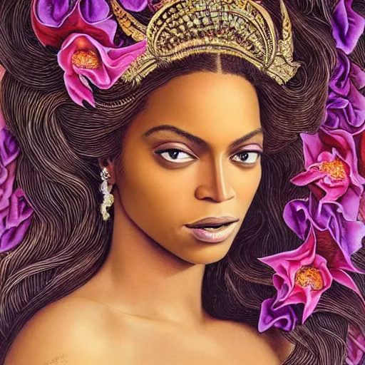 Prompt: portrait of Beyonce as a young pretty woman in flowing dress, arrogant, mysterious, long fine flowing hair, delicate, looking at camera, realistic face, intricate, stylish, elegant, grimdark, flowers, extremely detailed photograph by Martine Johanna and Ernst Haeckel and Greg Rutkowski