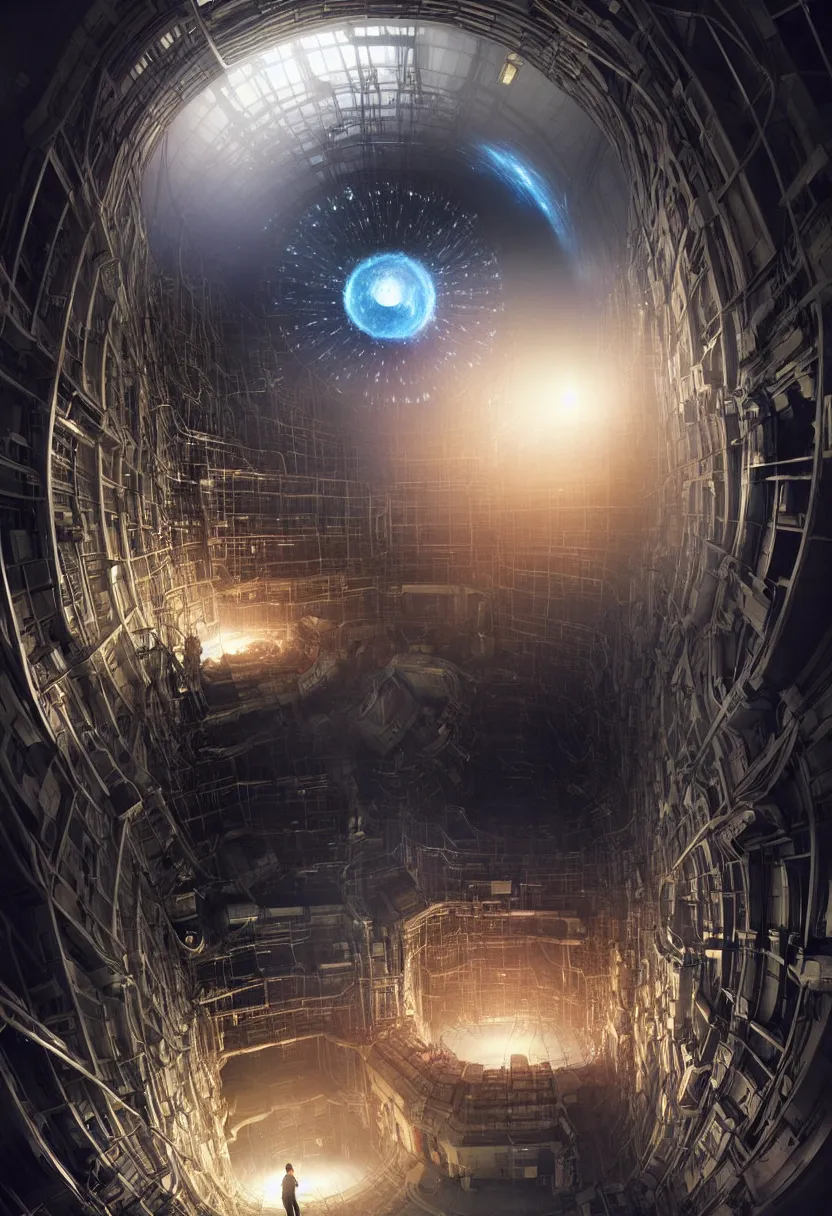 Image similar to man trapped inside cern large hadron collider, pulled apart, ultra high definition, ultra detailed, matte painting, by greg rutkowski and ross tran and wlop