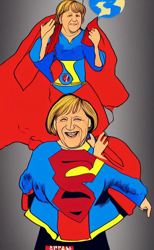 Image similar to illustration of angela merkel as superwoman by katsuhiro