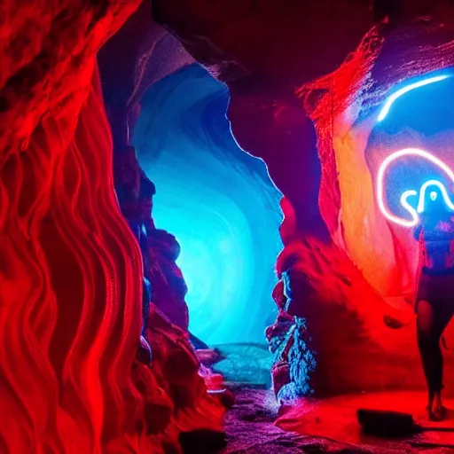 Prompt: style of Charlie Bowman, The interior of an cave lit in red, symmetrical detailed woman Stella Maeve who is screaming scared face, symmetrical eyes symmetrical face, blue neon light coming from the back of the cavern, mysterious atmosphere