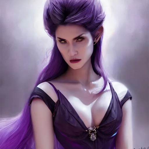 Image similar to beautiful close up portrait vampire purple ponytail, crystal armor, elegant, detailed. epic cinematic hyperrealism masterpiece. realistic poster with shaded lighting by craig mallismo, artgerm, jeremy lipkin and michael garmash, unreal engine, radiant light, detailed and complex environment, digital art, art station trends, detailed faces, detailed eyes