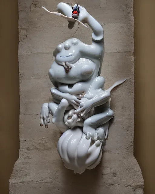 Prompt: a massive porcelain sculpture in a medieval castle of a frog catching a fly, in the style of johnson tsang, funny sculpture, lucid dream series