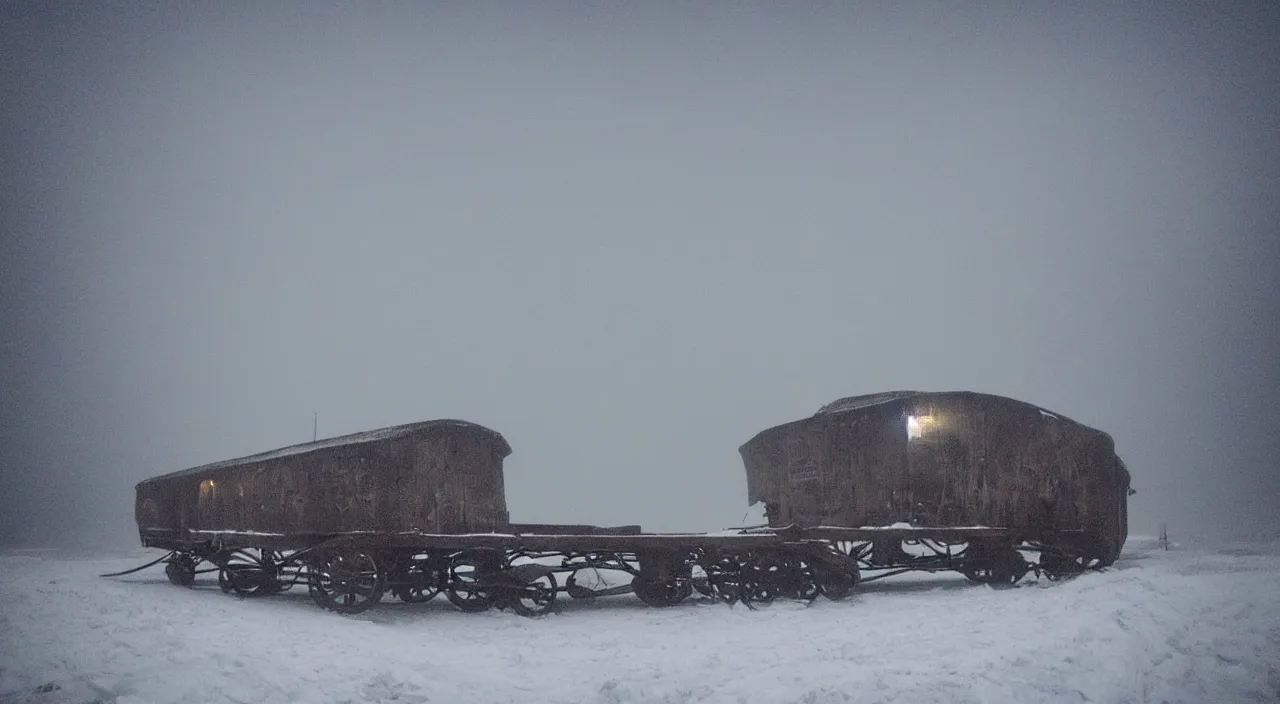 Image similar to “photo of one biomechanical mammoth/wagon/mamouth in an arctic storm with fog and blizzard, the mammoth drags old gigantic coal wagons with snow, it's a sunset photo with cold tones, some people around ”