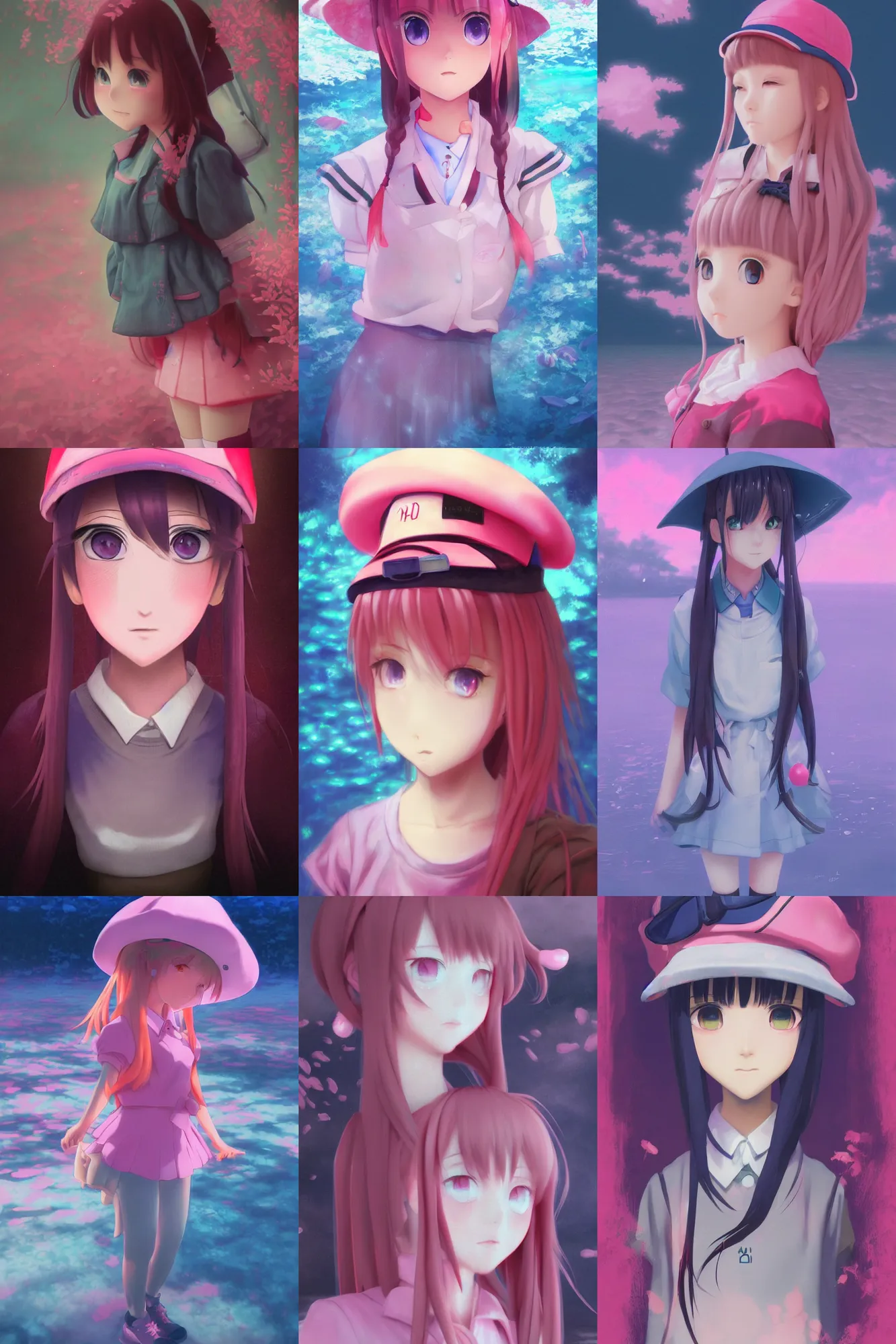 Prompt: 3d infrared render portrait of beauty 3d anime lofi schoolgirl with pink japanese cap underwater subway twilight. dramatic light, trending on artstation, art by hiro kiyohara and hayao miyazaki oil painting