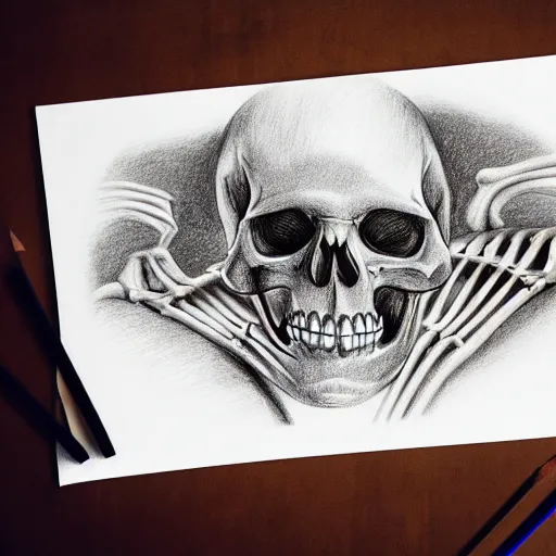 Image similar to a very detailed pencil drawing of an anatomically correct skeleton and muscular structure 4 k, high resolution, still, landscape, hd, dslr, hyper realistic, sketch