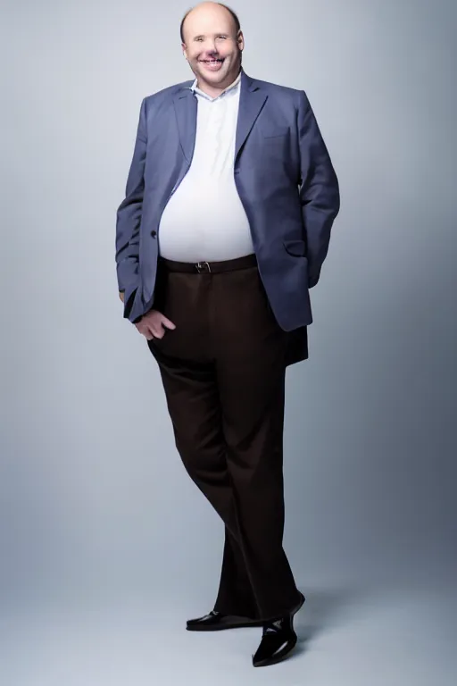 Image similar to full body color photograph of a balding, middle aged, slightly fat, brown haired, hairy, blue eyed, round faced, short white man who has a slightly large belly and thick legs, dressed in a white shirt, grey pants and black dress shoes, smiling at the camera with perfect, straight white teeth, full body portrait, head to toe