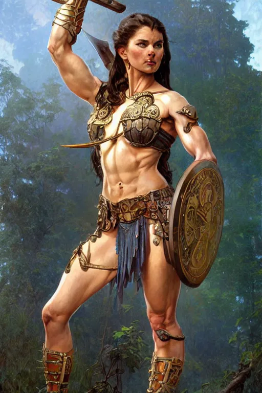 Image similar to full body portrait, thin muscular viking amazon warrior woman, 6 pack ab, symmetrical beautiful face, relaxed pose. by stanley artgerm lau, greg rutkowski, thomas kindkade, alphonse mucha, loish, norman rockwell ross tran