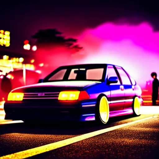 Image similar to a car JZX100 at illegal car meet, Saitama prefecture, city sunset mist neon lights, cinematic color, photorealistic, highly detailed, 50MM