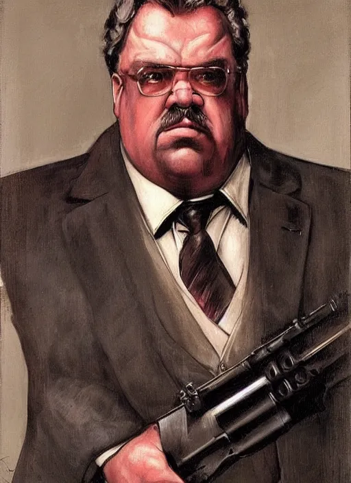 Prompt: gk chesterton as a buff action hero with muscles and a shotgun. portrait by james gurney. realistic face. awesome.