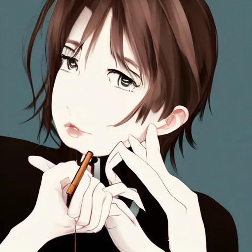 Image similar to portrait of a girl with short brown hair, wearing a white blouse and black choker, smoking a cigarette, drawn by WLOP, by Avetetsuya Studios, attractive character, colored sketch anime manga panel, unsaturated, dull colors, trending on Artstation