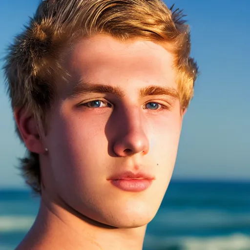 Prompt: portrait of a beautiful teenage boy around 2 0 yo. natural blonde hair, pale skin. slight overweight. beach background. detailed face.