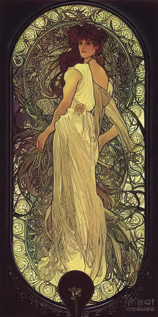 Prompt: night, candle, moon, professional portrait by alphonse mucha, intricate stained glass