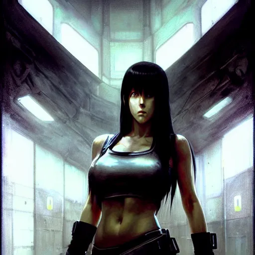 Prompt: Portrait of Tifa Lockhart by Greg Rutkowski. She is hiding from a Shinra robot in the Reactor Core by Mark Arian. It is dark and stark and industrial by H.R. Giger. soft render, octane, highly detailed painting by Moebius. artstation Blank Canvas Scene by Tetsuya Nomura.
