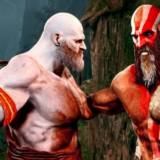 Prompt: jim carrey in the video game god of war giving a handshake to kratos