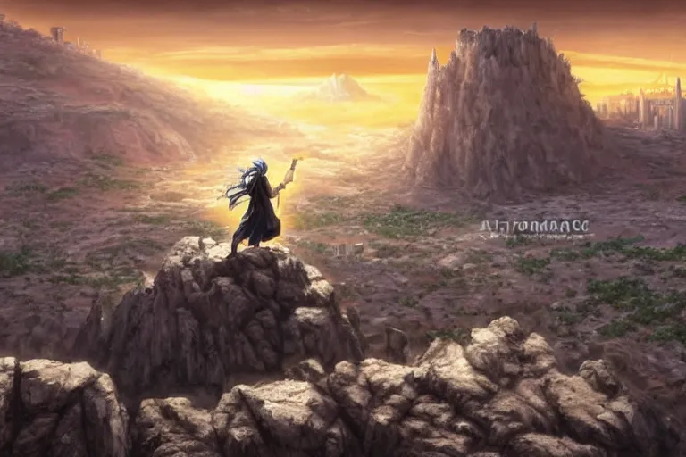 Prompt: an ultra detailed matte landscape painting of saladin as a shonen anime protagonist standing confidently on a cliff overlooking jerusalem with huge flaming longsword blessed by god, epic anime fantasy, 8 k, volumetric lighting, smooth, highly detailed, digital illustration, art by kentaro miura and akira toriyama and artgerm