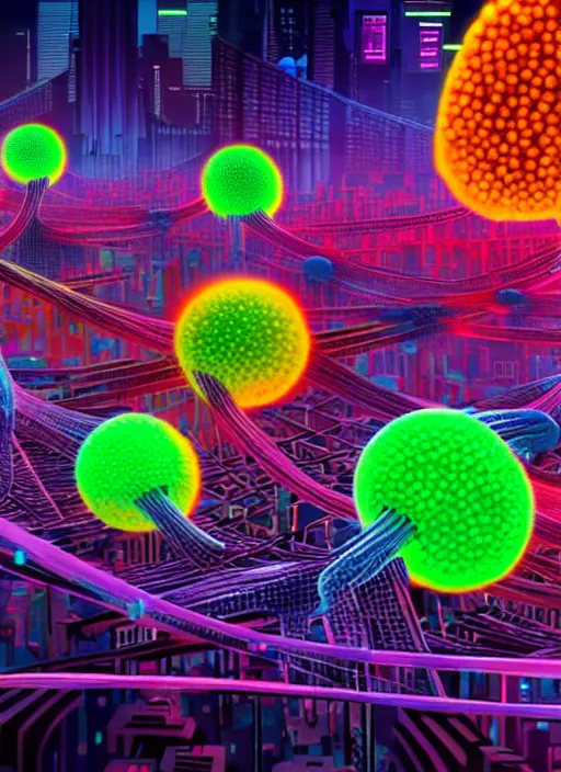 Image similar to giant colorful bright microbe and virus and dna and bacteriophage eat people in streets, neo - tokyo, realistic, 8 k, ultra detailed