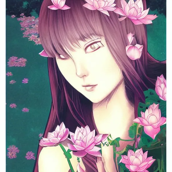 Image similar to landscape， stencil, anime, traditional Japanese, beautiful portrait of a girl surrounded by flowers, half of her body in a lotus pond,by artgerm， by Førtifem, digital art, purple color scheme