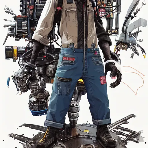 Image similar to Full body portrait of a mechanic in overalls repairing a mech, cyberpunk, illustration, detailed face, detailed background, Ilya Kuvshinov, Hayao Miyazaki, Takashi Takeuchi, Masamune Shirow