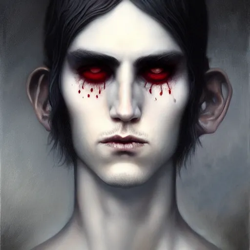 Image similar to attractive twenty first century male vampires beautiful eyes. highly detailed painting by tom bagshaw 8 k