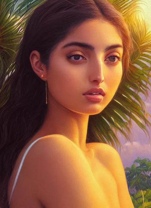 Prompt: a ultradetailed beautiful painting of a latina brazilian girl ( ( ana de armas ) ) in amazonas by hsiao ron cheng, ngai victo, nivanh chanthara jean delville wlop and dougherty patrick, trending on artstation, mediterranean, palm trees, light sparkles, major arcana sky, sharp focus, soft light