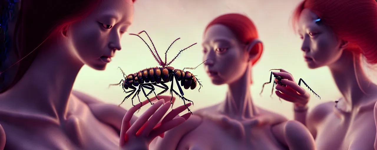 Prompt: hyperrealistic photography of a gorgeous female scientist constructing an insect - making machine in the style of jin kagetsu, james jean, chris cunningham, hans bellmer and wlop, highly detailed, face symmetry, masterpiece, award - winning, sharp focus, intricate concept art, ambient lighting, 8 k, artstation