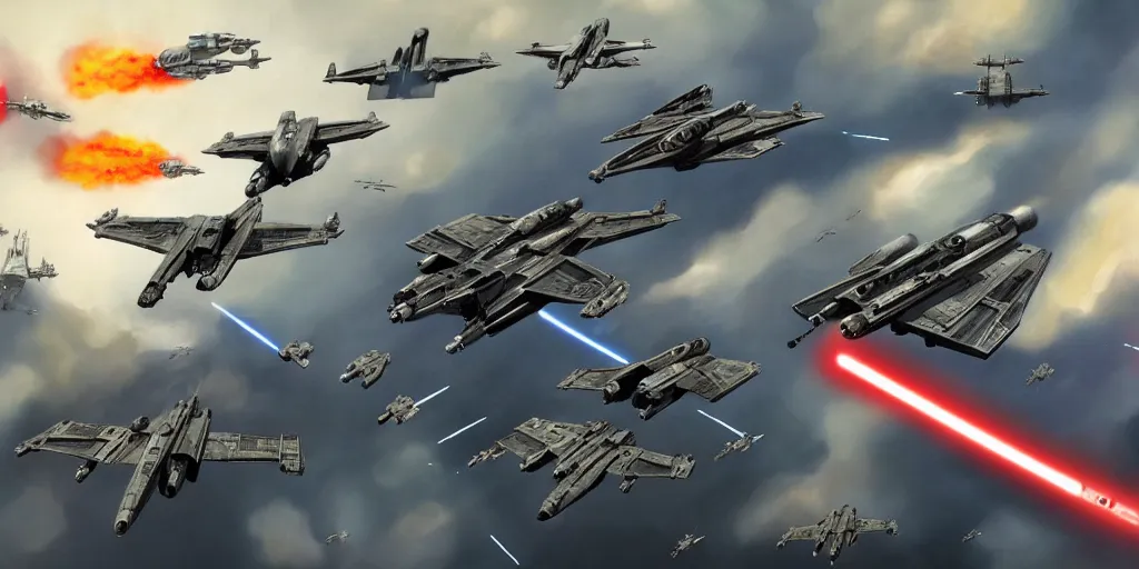 Prompt: Star Wars vs the US Air Force, fighting, planes, battlefield, trending on art station, epic battle, intense battle, large scale battle, Star War Army, United States Air Force , infantry, 8k