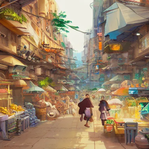 Prompt: Market with merchants spread across an alley, desert city, vertical architecture, full of life, vivid, lively, sunny, Studio Ghibli, 4K digital painting trending on Artstation