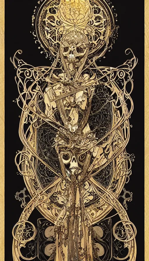 Image similar to a skeleton in a black cloak, highly detailed, very intricate, art nouveau, gold filigree, left right symmetry, tarot concept art watercolor illustration by mandy jurgens and alphonse mucha and alena aenami, featured on artstation