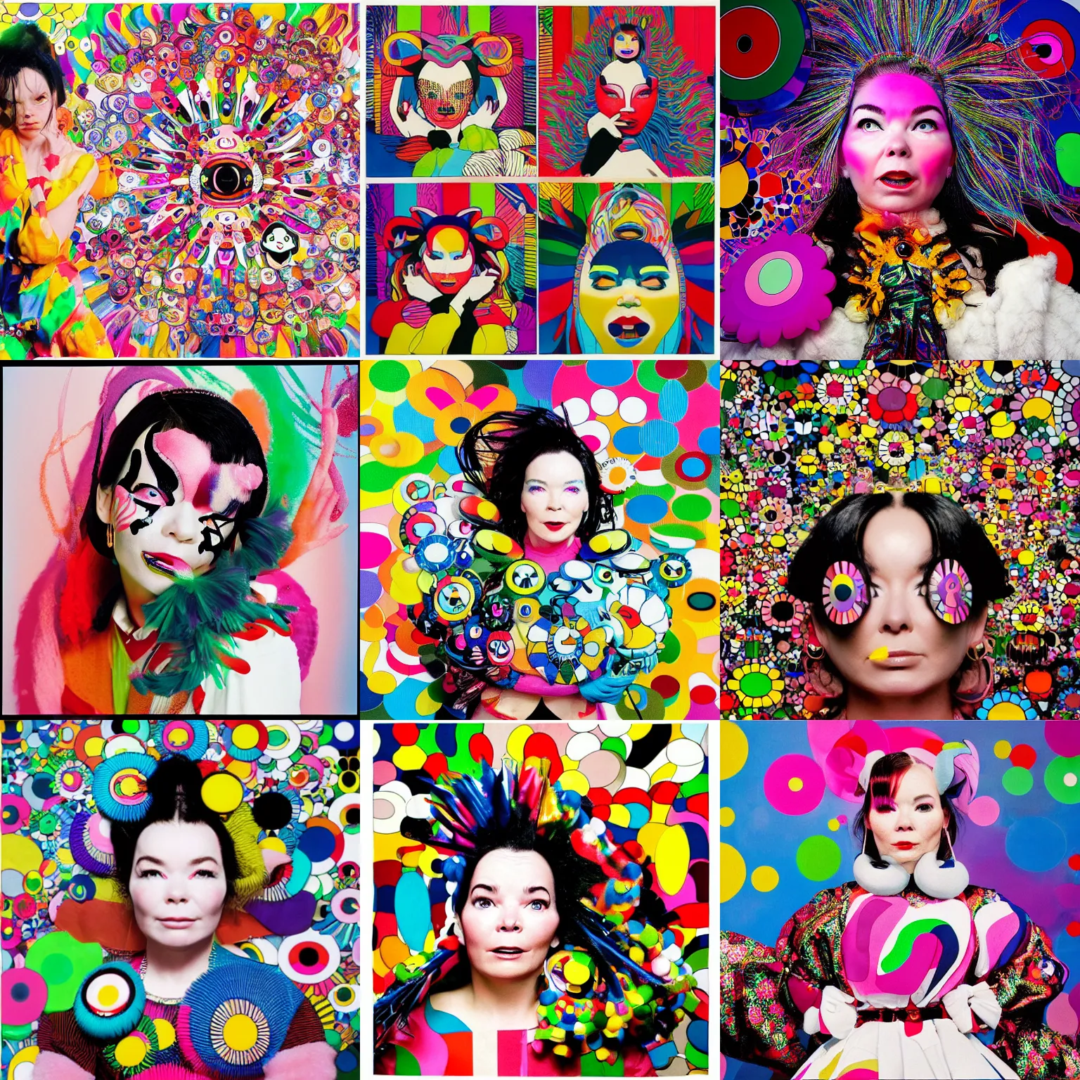 Prompt: professional portrait photoshoot of bjork bjork in the style of takashi murakami, colorful superflat movement, maximalism, 1 9 9 6