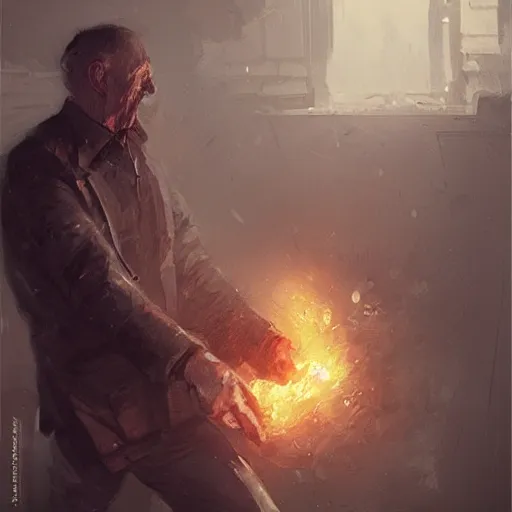 Image similar to old man, throwing hand grenade, greg rutkowski art