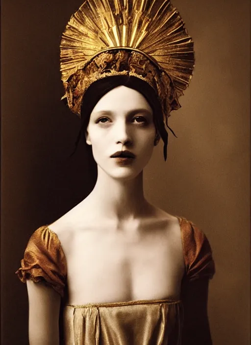 Prompt: portrait of young woman in renaissance dress and renaissance headdress, art by paolo roversi