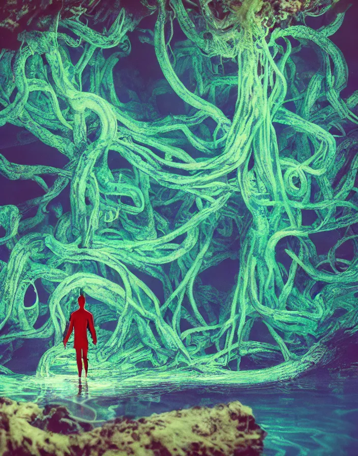 Prompt: photograph of a lonely alien standing in a florescent pool, tentacles and fungus growing out of pool, swampy atmosphere, cinematic lighting, vibrant colors, shot on superia 400 film stock, in the style of liminal spaces