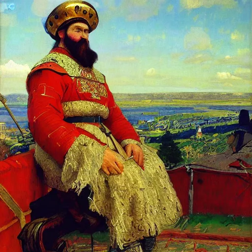 Image similar to portrait of medieval russian tsar in Cap of Monomakh sitting and watching smartphone masterpiece painting by vasnetsov and surikov serov, JEAN-VICTOR BERTIN, by Terence Cuneo, detailed, artfully traced, 4k resolution, cinematic, dramatic