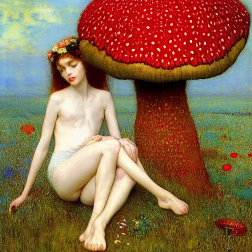 Image similar to masterpiece full body portrait of a two beautiful fairies romping on a giant amanita muscaria mushroom cap, by Edgar Maxence and Ross Tran and Michael Whelan and Gustav Klimpt