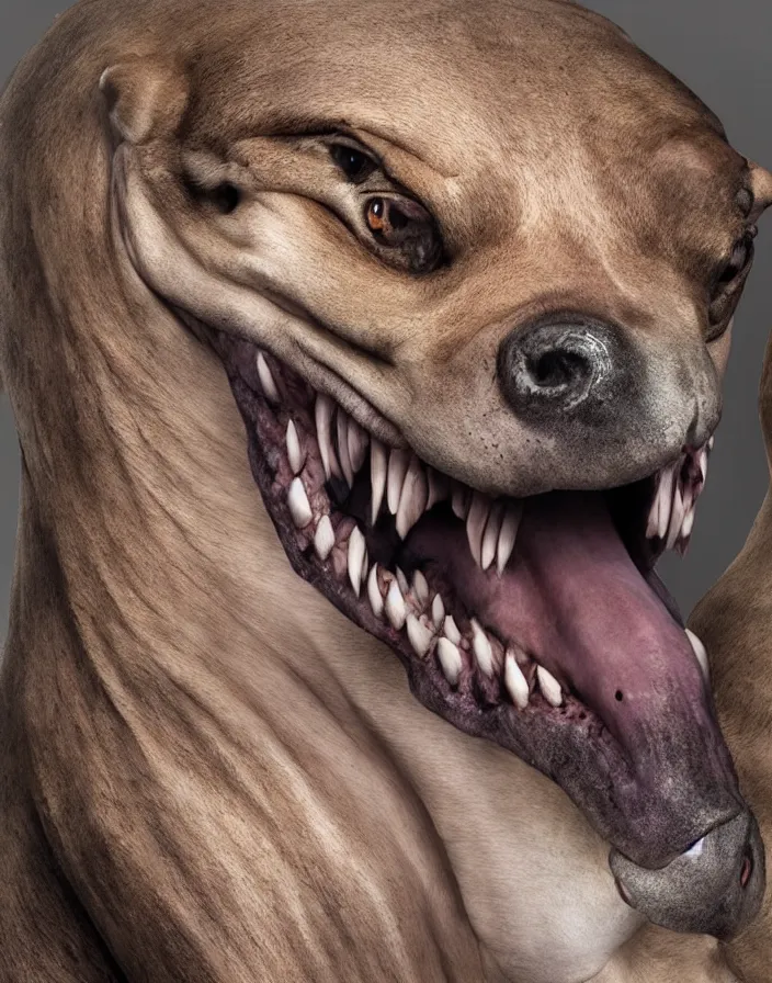 Image similar to closeup portrait of muscular animal human merged head dolphin, morphing dog head, merging crocodile head, anthropomorphic, creature, solid background