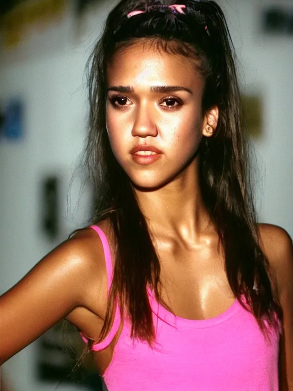 Image similar to hyperdetailed close shot of young jessica alba, with pink tank top with a logo, fine - face, pretty face