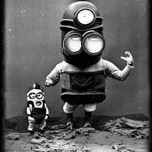 Prompt: old creepy black and white photograph of a minion!!!!! in deep sea diving gear